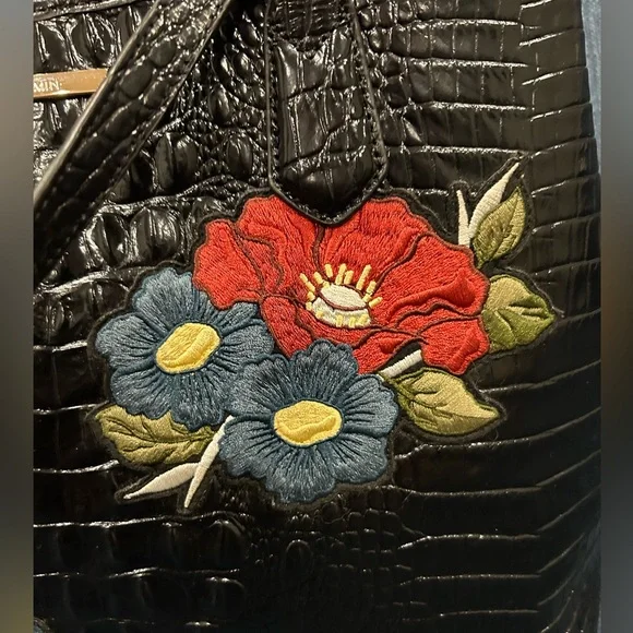 Brahmin Medium Julian Tote Black Bluewood Applique red blue green - Picture 12 of 16